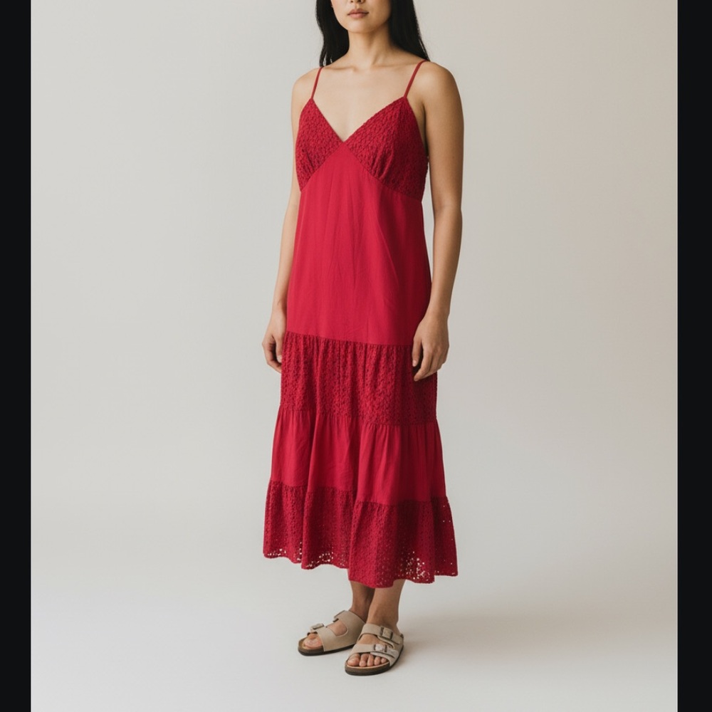 Michael Kors Red Eyelet Midi Dress Spaghetti Strap Cotton Ruffle Sz 10